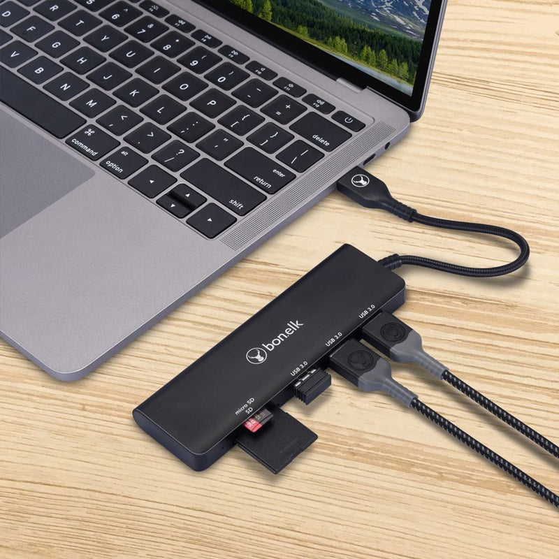 Bonelk Long-Life USB-A to 3 Port USB 3.0 + SD/Micro SD Reader Black