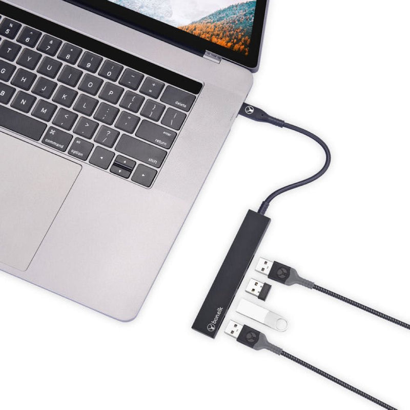 Bonelk Long-Life USB-C to 4 Port USB 3.0 Slim Hub Black