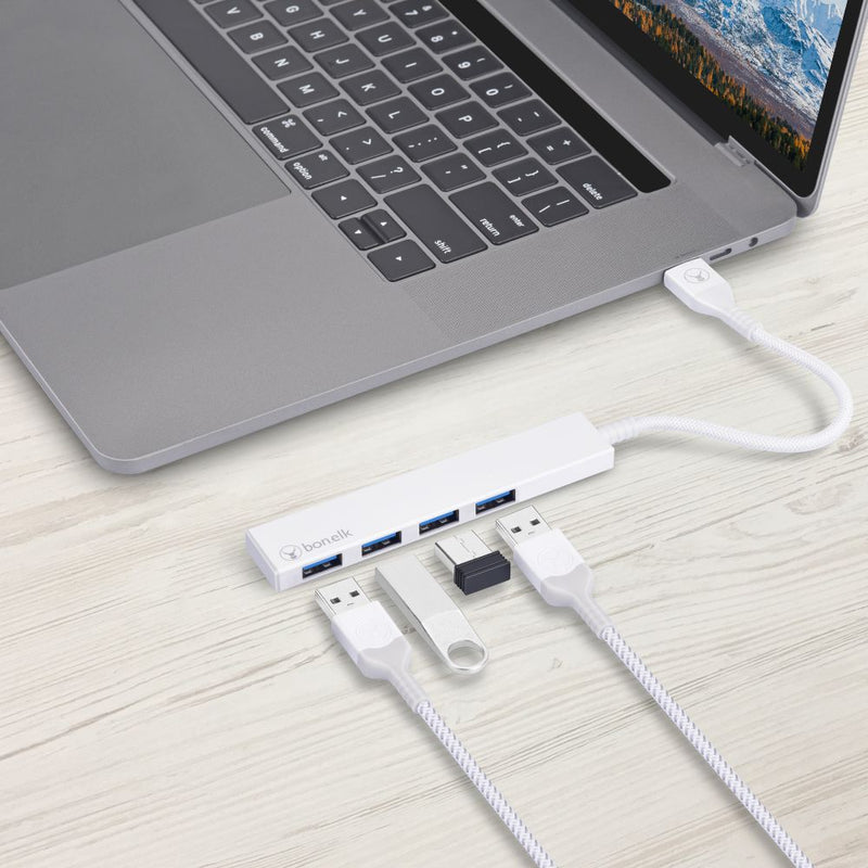 Bonelk Long-Life USB-A to 4 Port USB 3.0 Slim Hub White